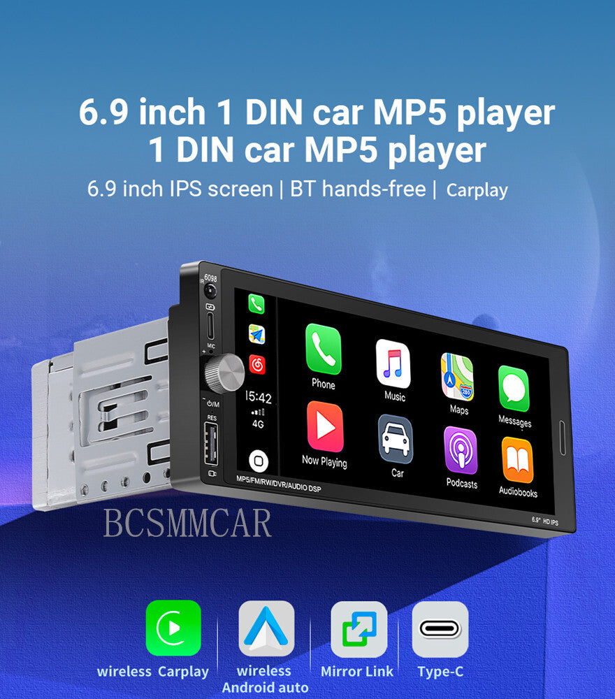 Single DIN 6.9in Touch Screen Stereo Radio Car For Carplay Audio Video Player