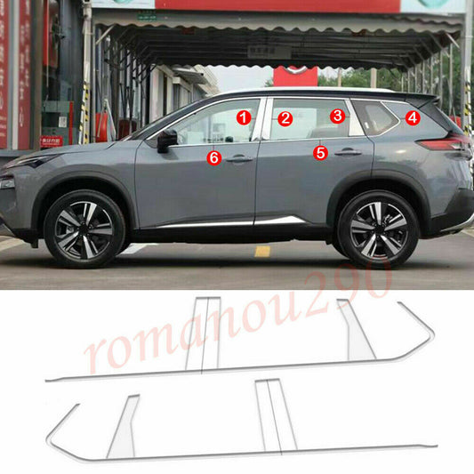 12P for Nissan Rogue 2021-2023 Chrome Window Sill Pillar Posts Molding Cover
