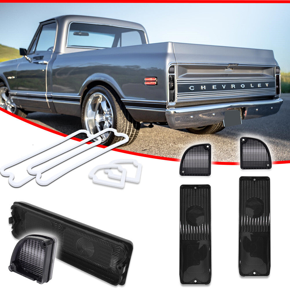 A pair of smoked pickup truck taillight housings with gaskets, suitable for 1967-1972 for Chevrolet and Gimsi trucks.