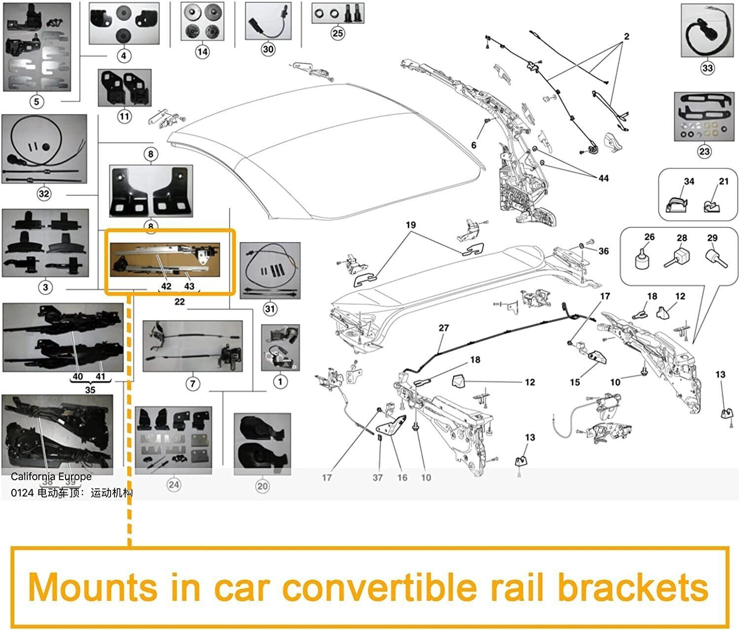 Repair kit for Ferrari California/CaliforniaT car sunroof sliding mechanism 82973500/600