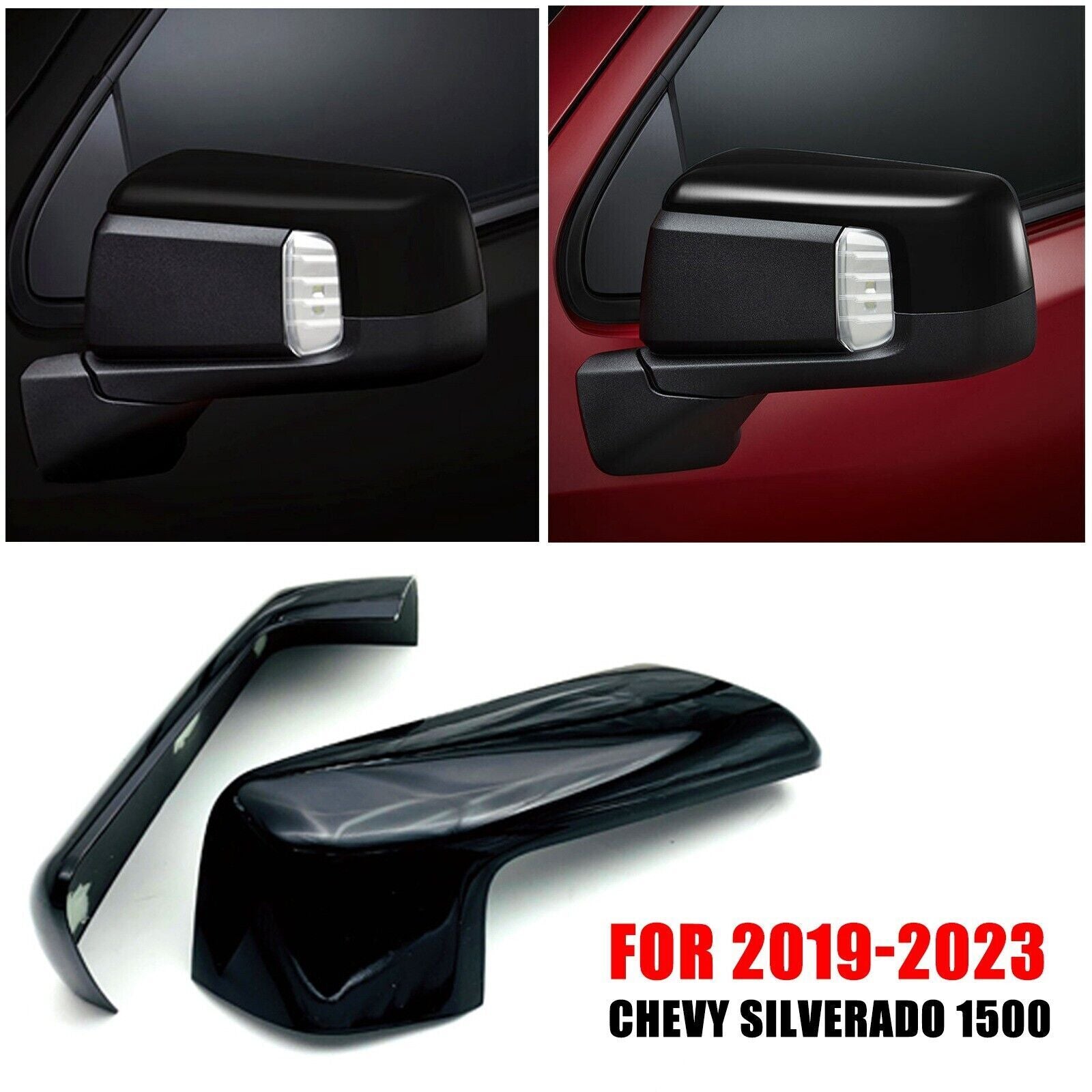 Suitable for Chevrolet Silverado 1500 2019 - 23 ABS dual side mirror caps in glossy black.