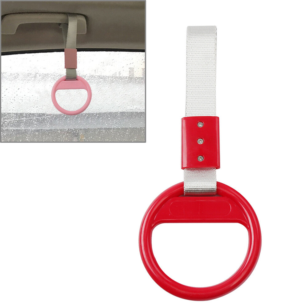 1Pcs Car Red Round Ring Train Bus Handle Hand Strap Drift Charm Tools White Belt