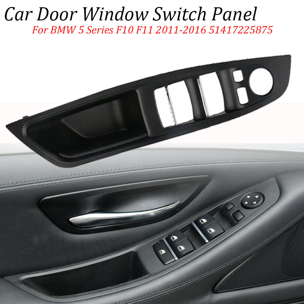 Black front door handle and left window switch cover for BMW F10, F11, and 5 Series vehicles.