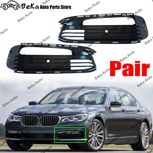A pair of front bumper fog light mesh grill covers for BMW 740i and 750i 2016-2017 LHRH models.