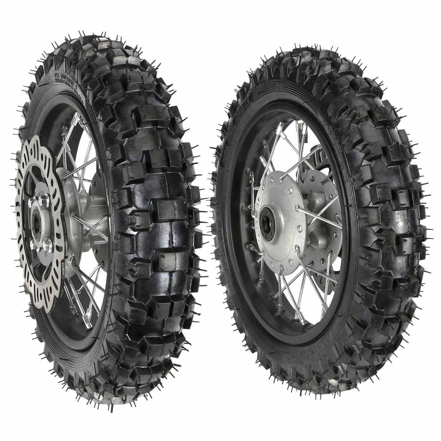 10-inch front and rear wheels, 2.50-10/3.00-10 tires and rims, SSR CRF50 off-road bike, 70cc/110cc.