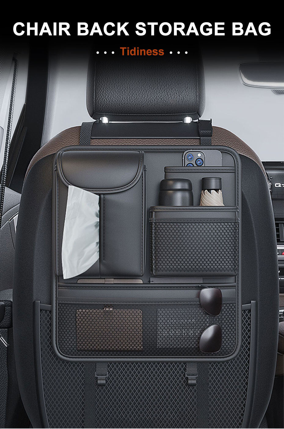 Black Leather Car for Seat Back Bag Organizer Storage Cup Phone Holder Multi-Pocket