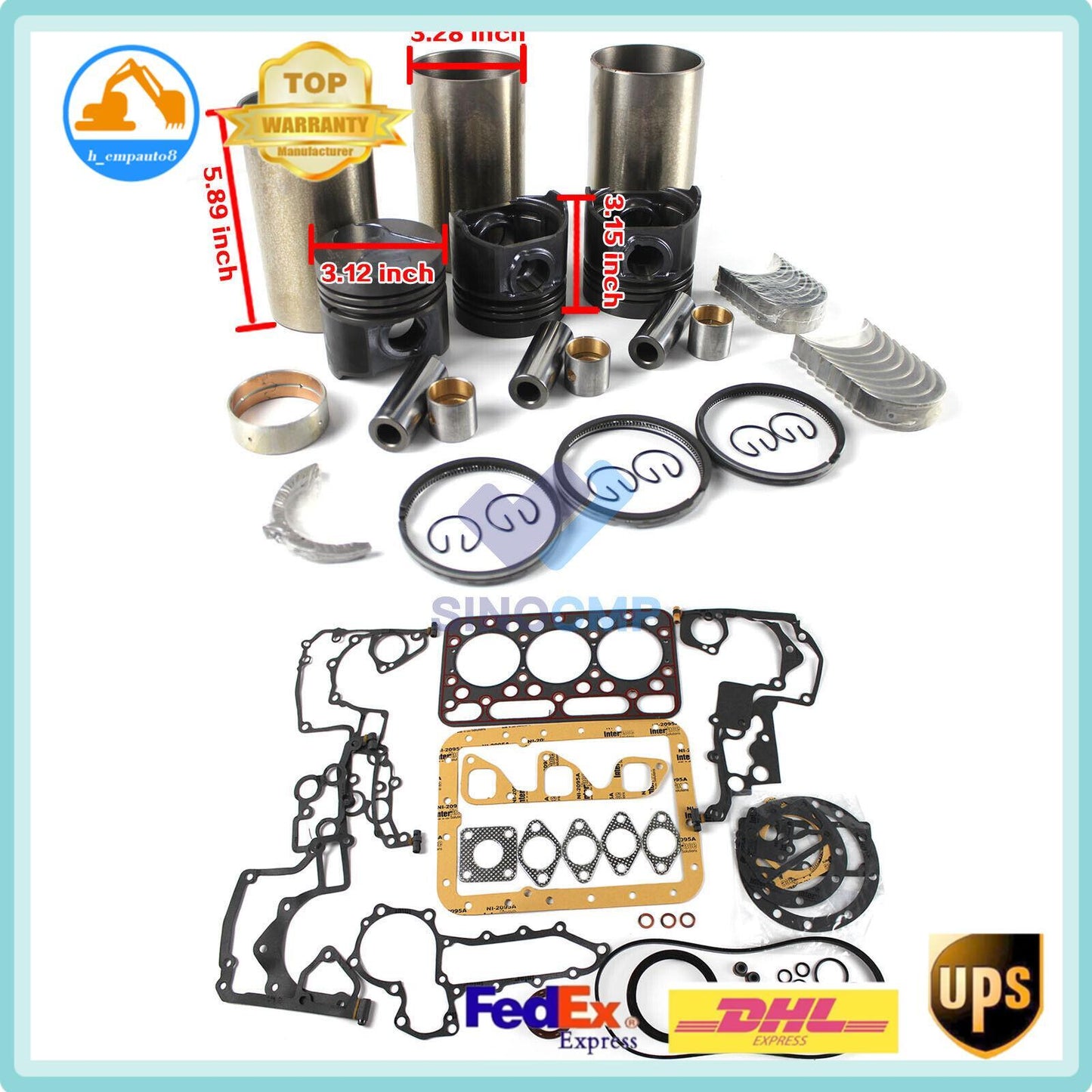 Engine Rebuild Kit D1403 for Kubota L2500 L2600+L2800-DHV L2800F Tractor DC CN