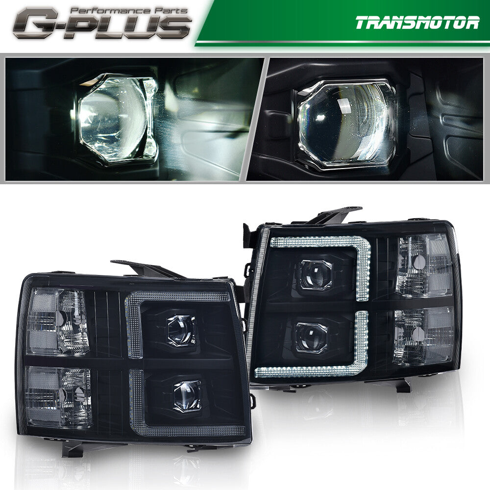 Suitable for 2007-2014 for Chevrolet Silverado headlights with black housing and smoked lens.