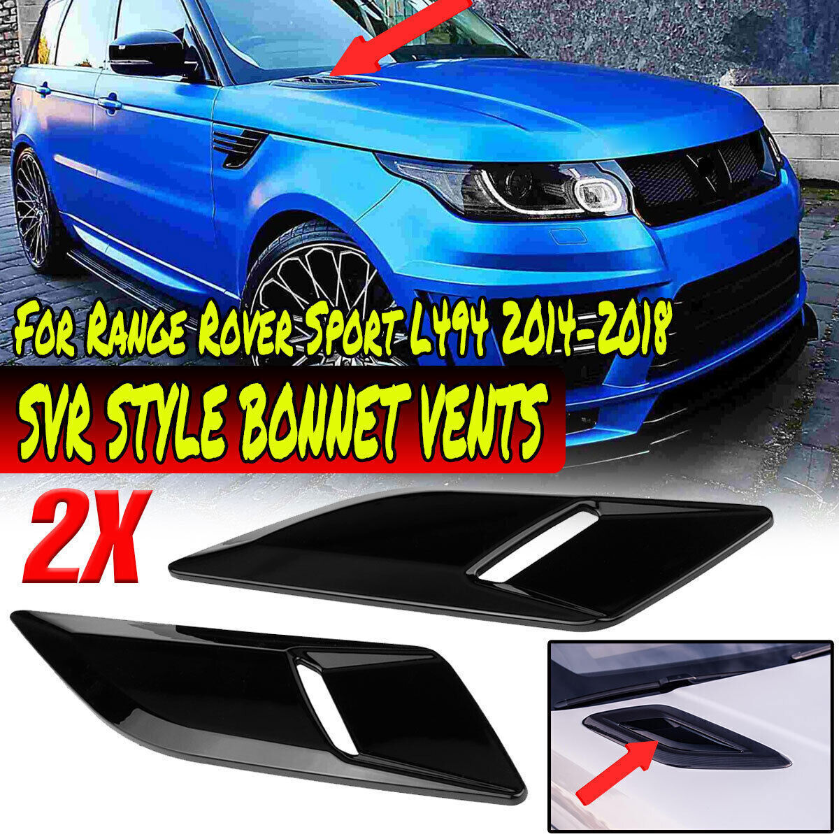 for Range Rover Sport L494 2014-18 Black Hood Vent Bonnet Air Vent SVR Style 2x