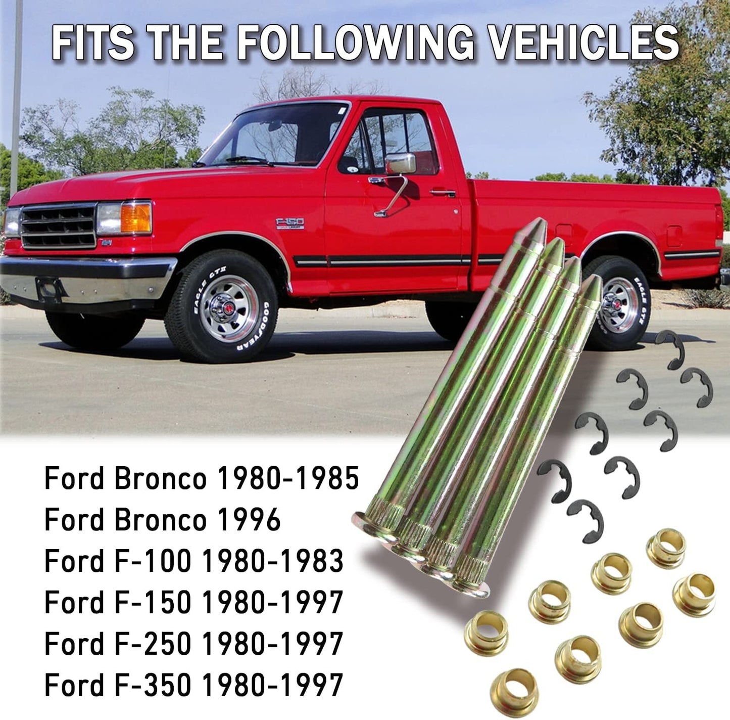 Replacement door hinge pin bushing kit for Ford F150, F250, F350, and Serie Bronco