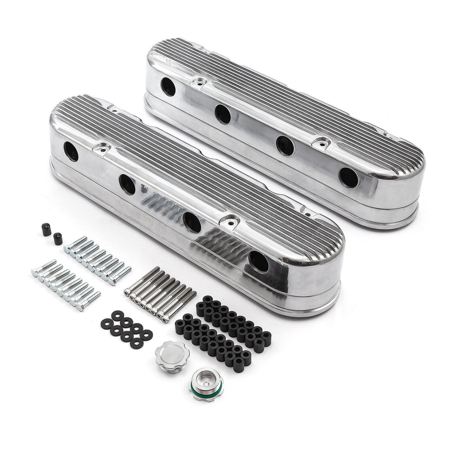 2PC Finned Vintage Hidden Coil Aluminum Valve Cover-Polished 241181 for Chevy LS