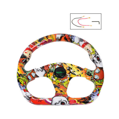 Universal Graffiti Flat Drift Racing Steering Wheel D Shape Horn Button 6 Holes