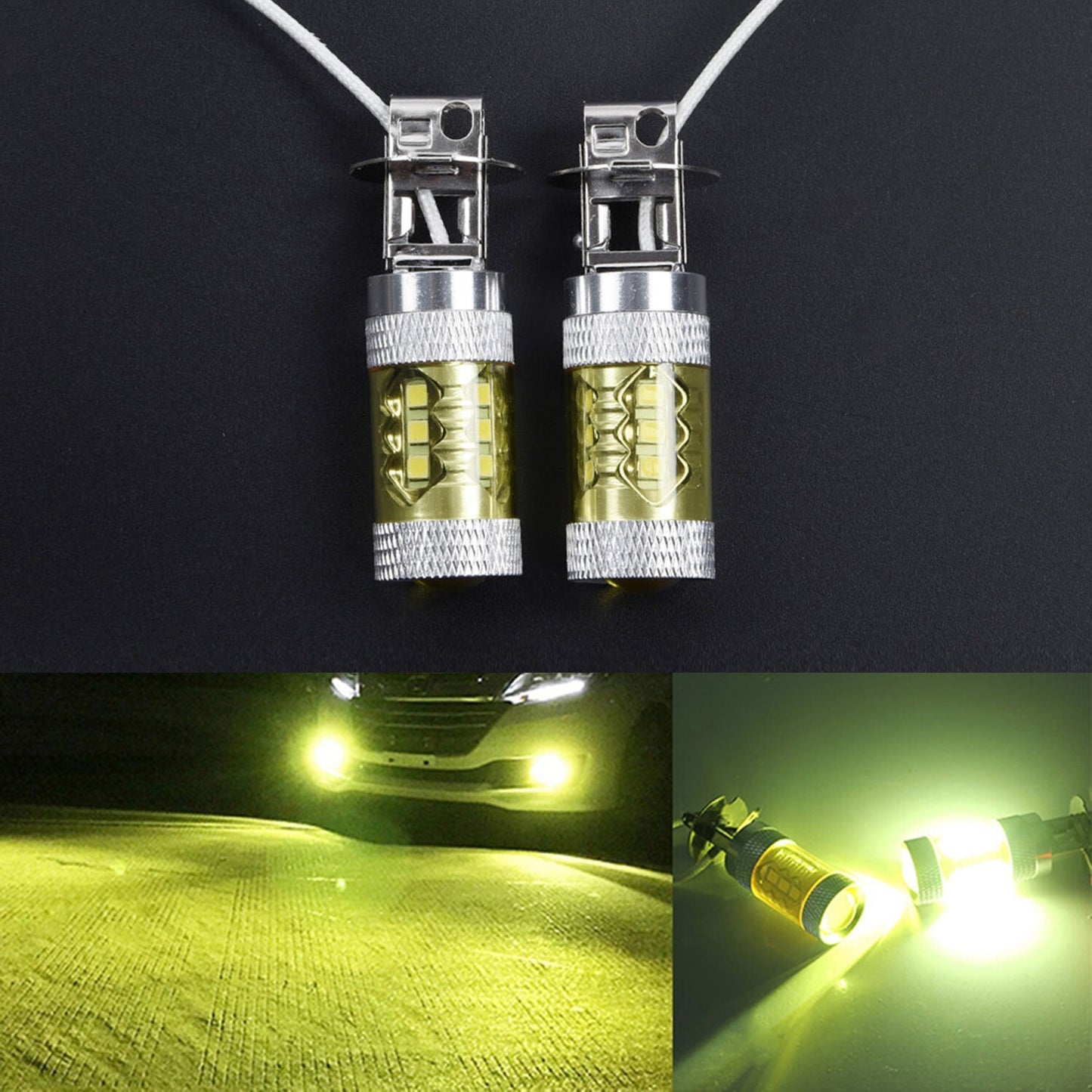 H3 16SMD LED Bulb Fog for Cars and Trucks, Low Power Consumption 12-24V DC, Yellow
