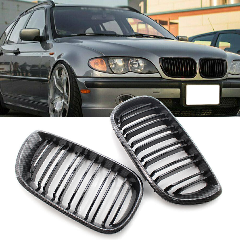 2x Carbon Fiber Black Double Slat Front Kidney Grille Fits for BMW E46 Sedan 02-05