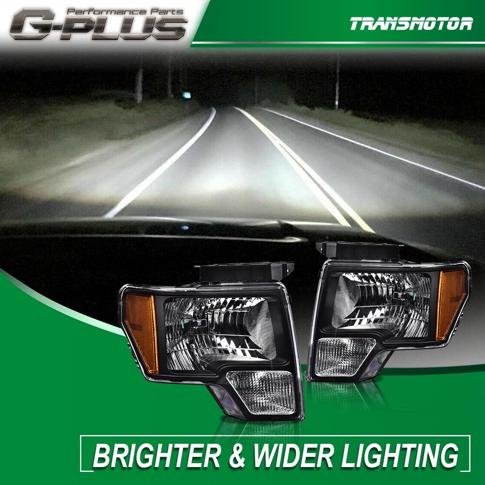 A pair of black factory-style lens headlights for 2009-2014 for Ford F-150s: Left + Right