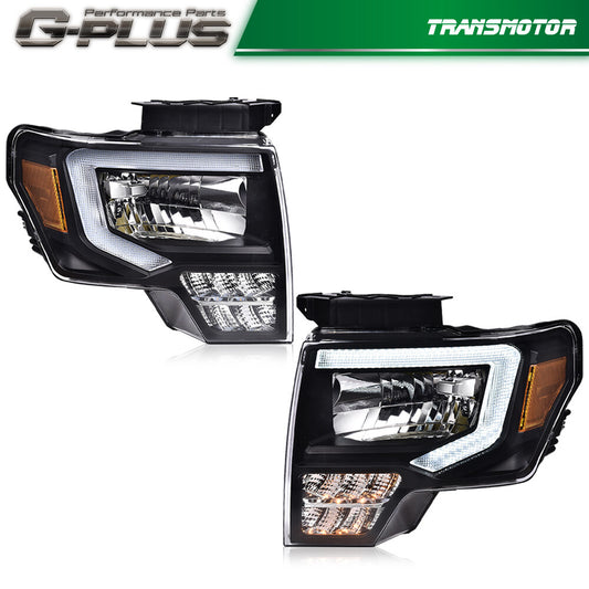 Suitable for 2009-2014 for Ford F-150 headlights, black/clear LED DRL headlights.