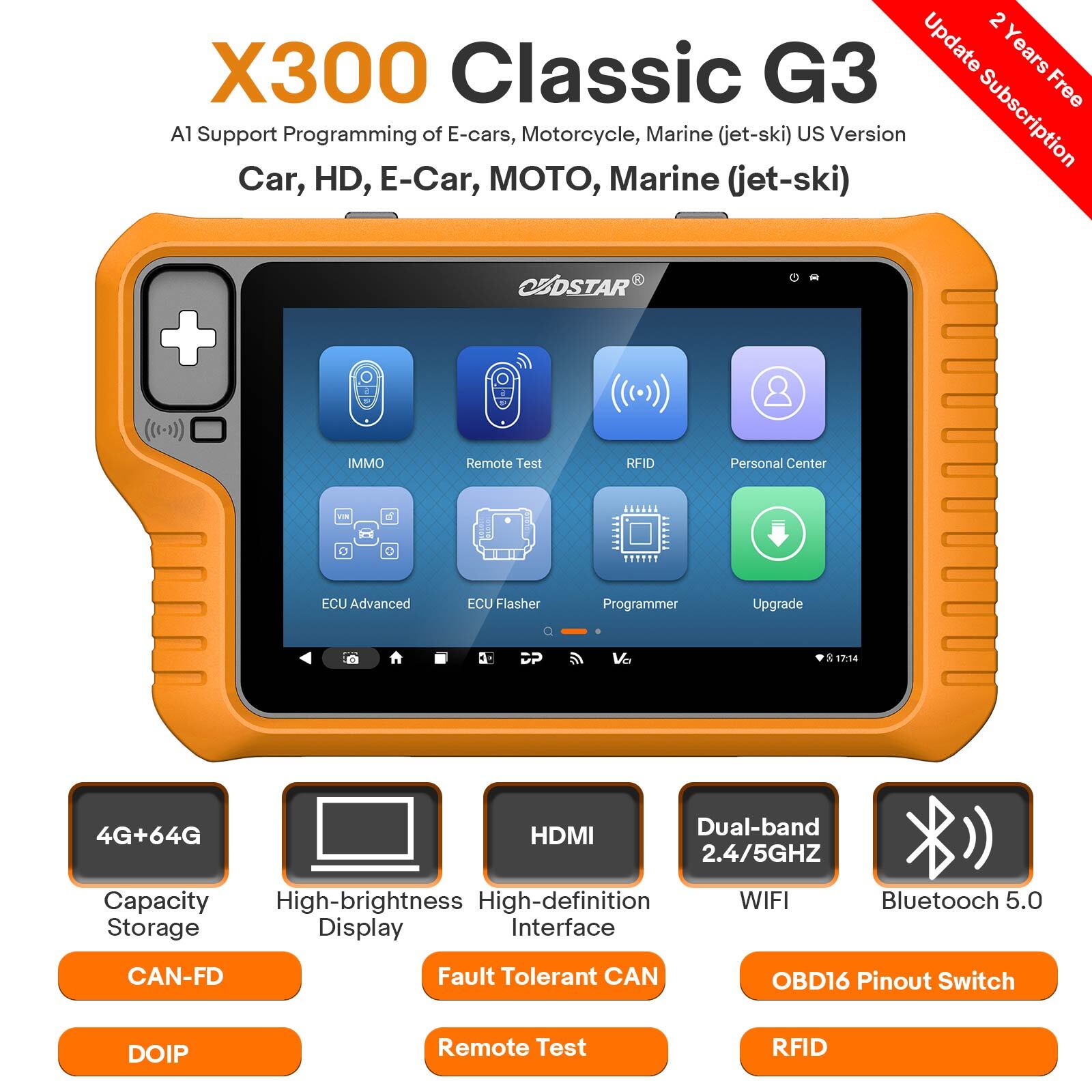 OBDSTAR X300 Classic G3 A1+A2 IMMO Progarmming FOR E-cars, Motorcycle, Marine
