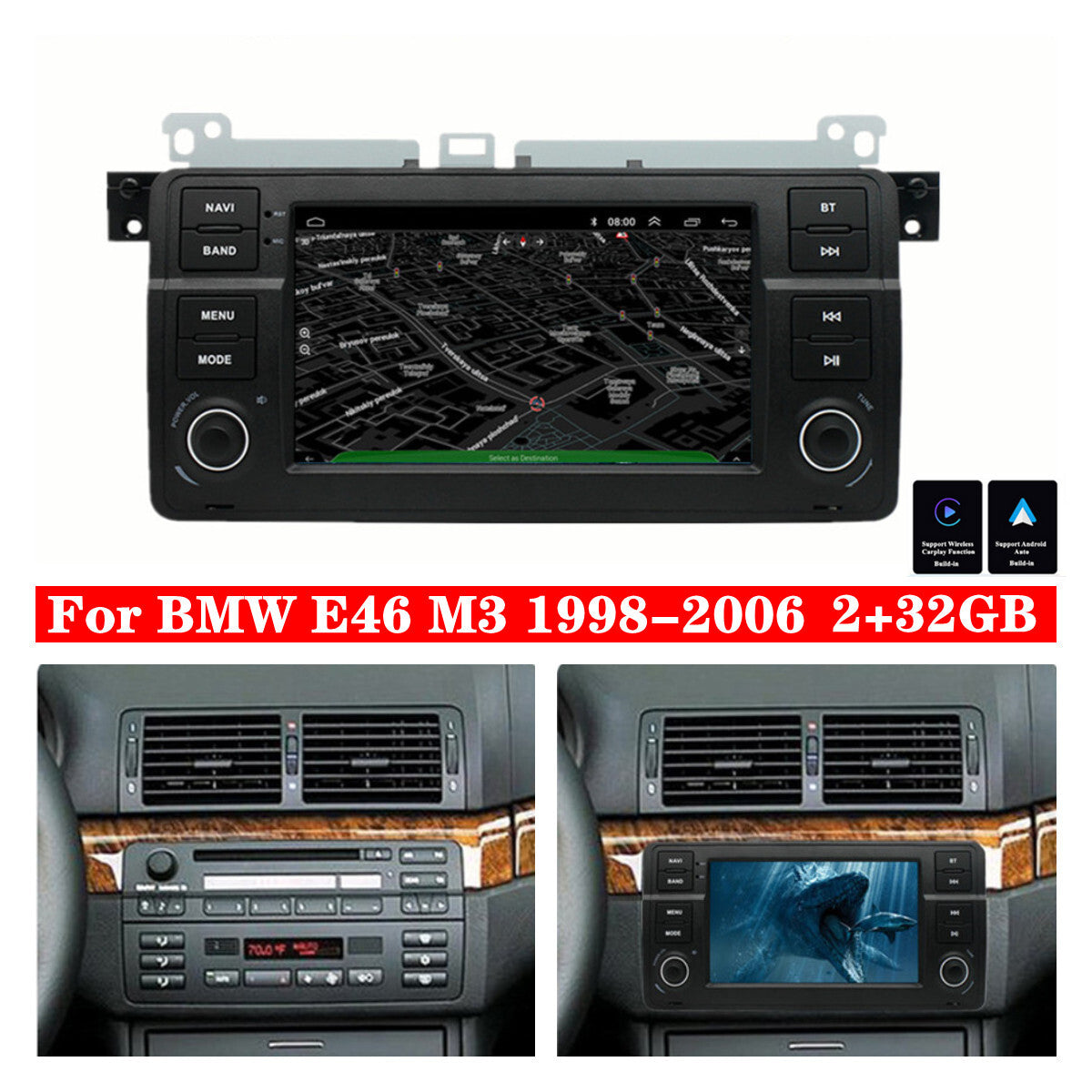 For 1998-2006 for BMW E46 M3 Carplay 2+32G Android Radio Stereo GPS Nav Head Unit 7