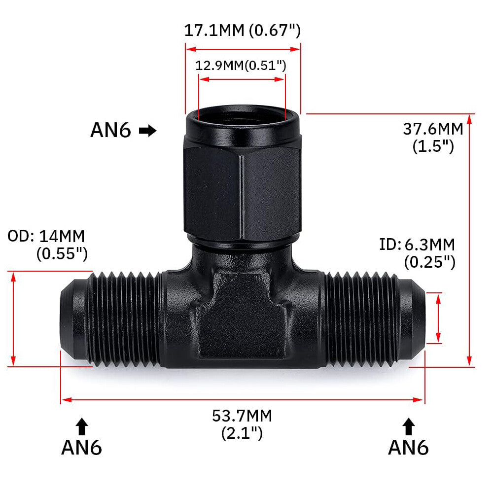Black 3-Way Tee T-Piece Fitting Adapter AN6 6AN Male to AN6 6AN Female Swivel On