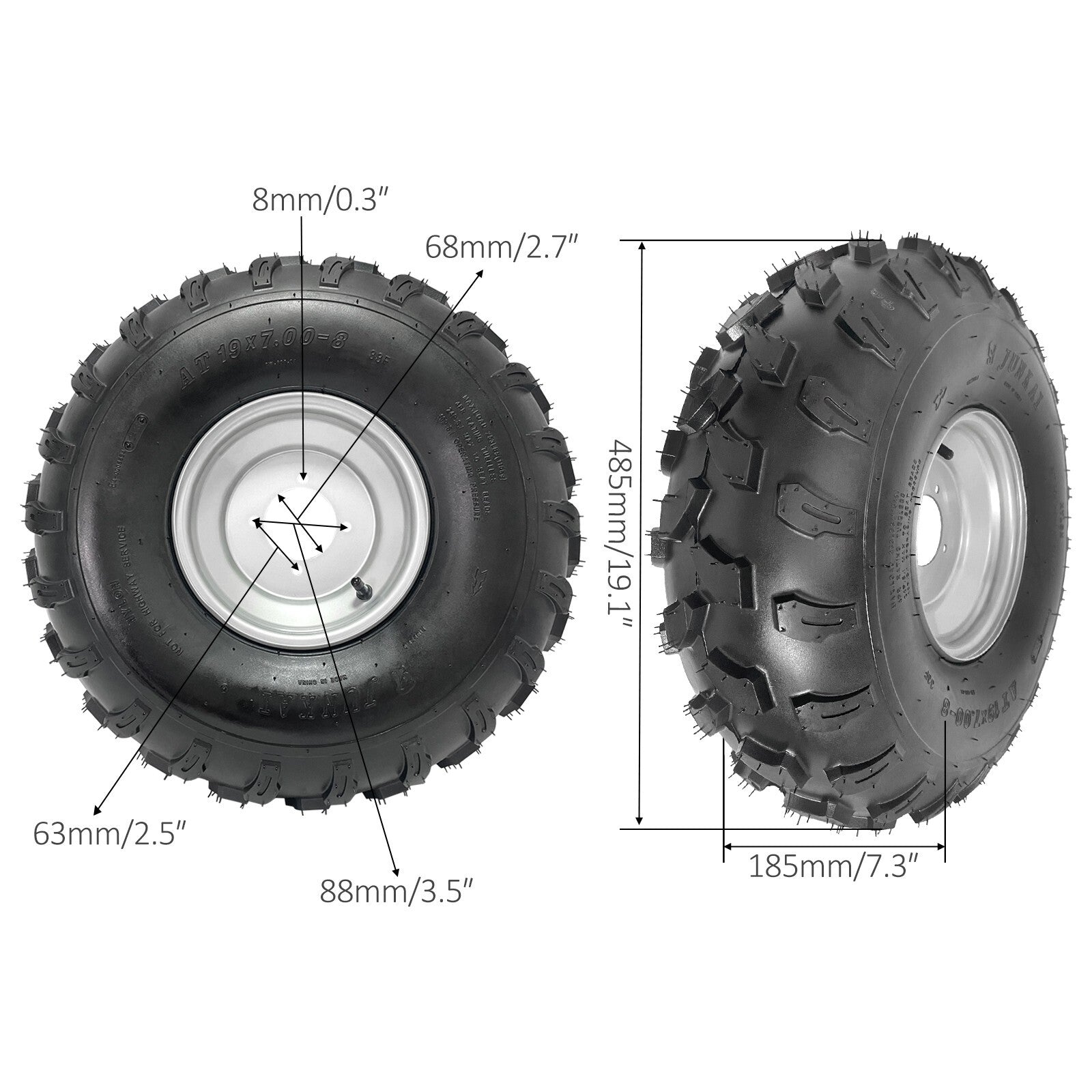 19x7-8 tires, 4-wheel bolts, Knobby tires suitable for 4-wheel off-road vehicles, go-karts, and all-terrain vehicles.