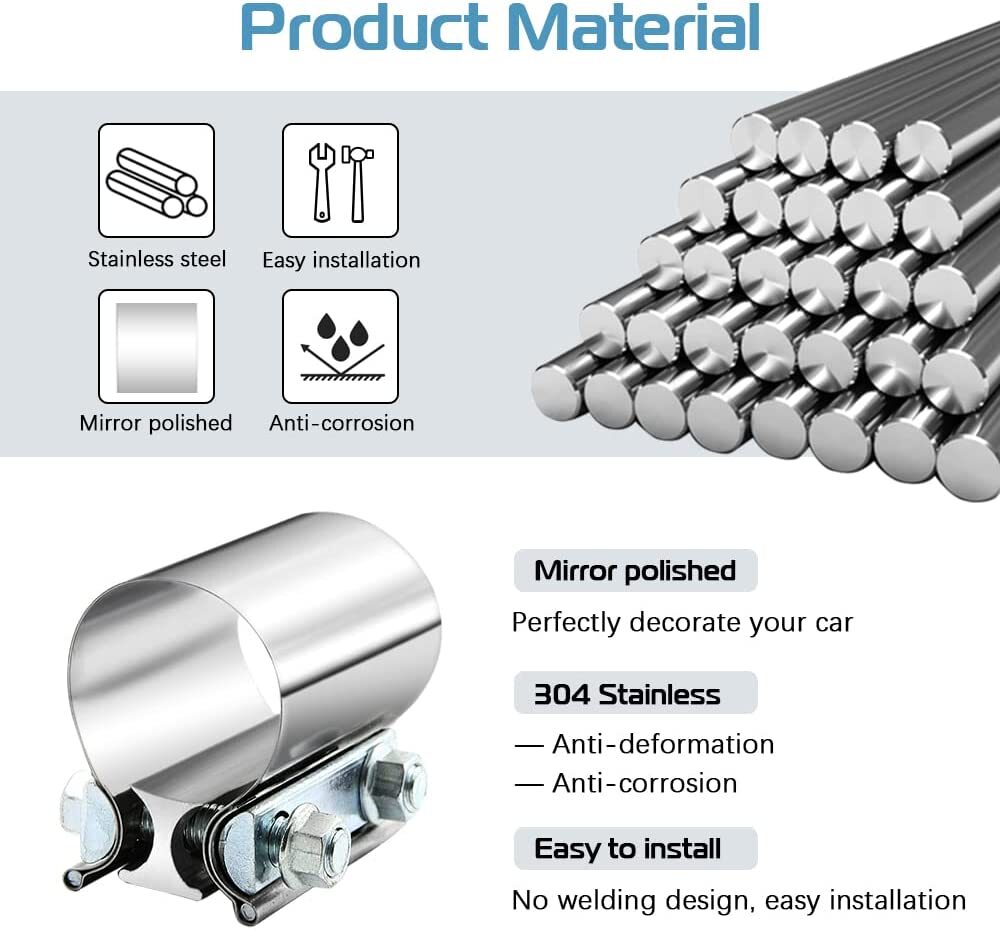 2Pcs 5 Inch Stainless Steel Exhaust Clamp Lap Joint Band ClampExhaust Clamps