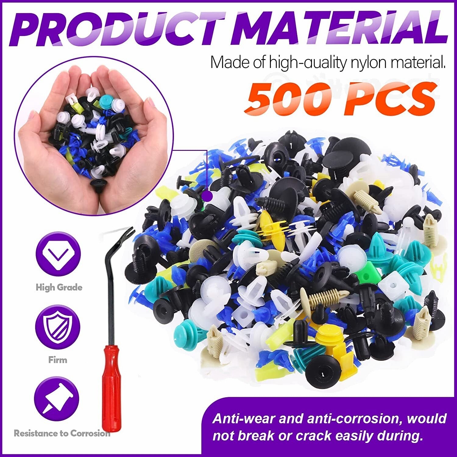 500-piece pack of car body trim clips, mudguard fasteners, and plastic fasteners for automotive panels.