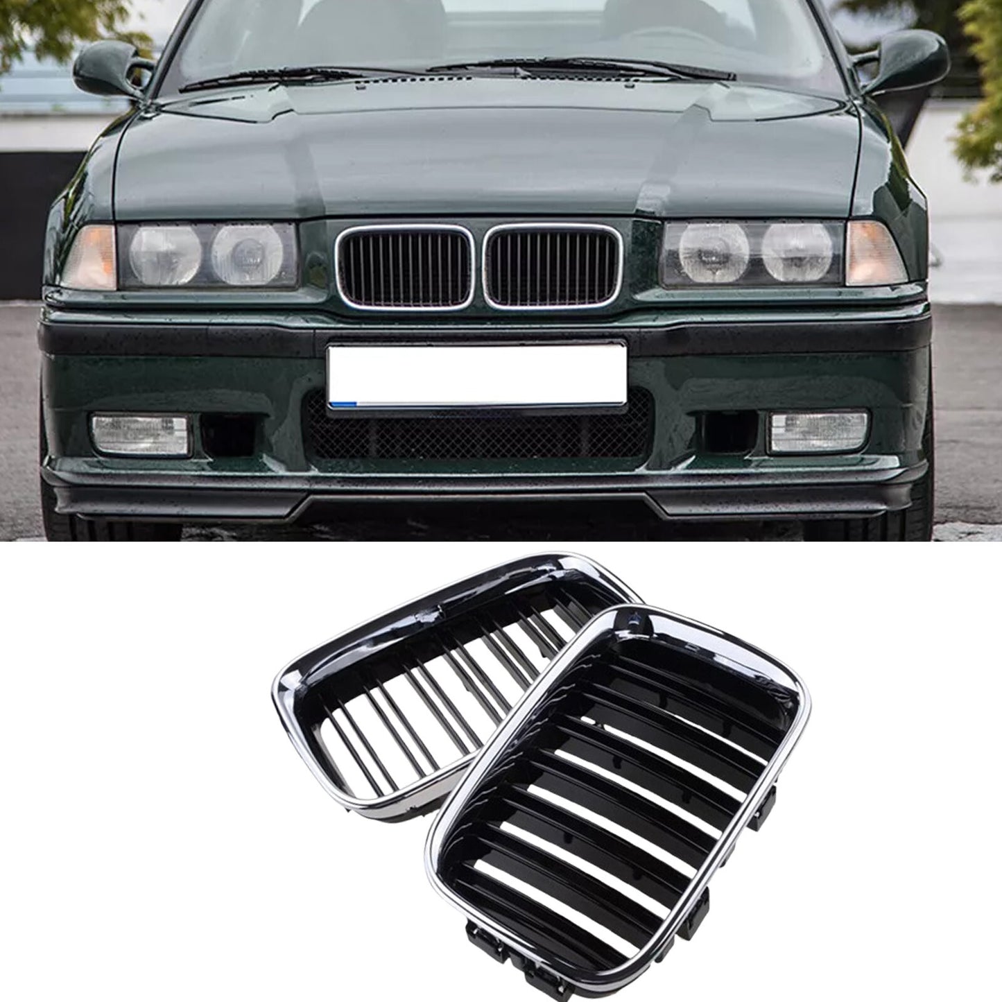 for BMW E36 318IS 325i M3 92-96 Front Kidney Grille Grill Chrome Gloss Black