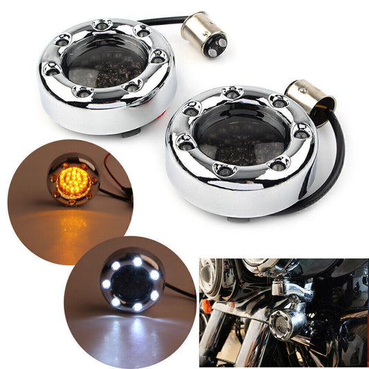 1157 Chrome Fire Ring Amber LED Turn Signal Lights for Harley Housings