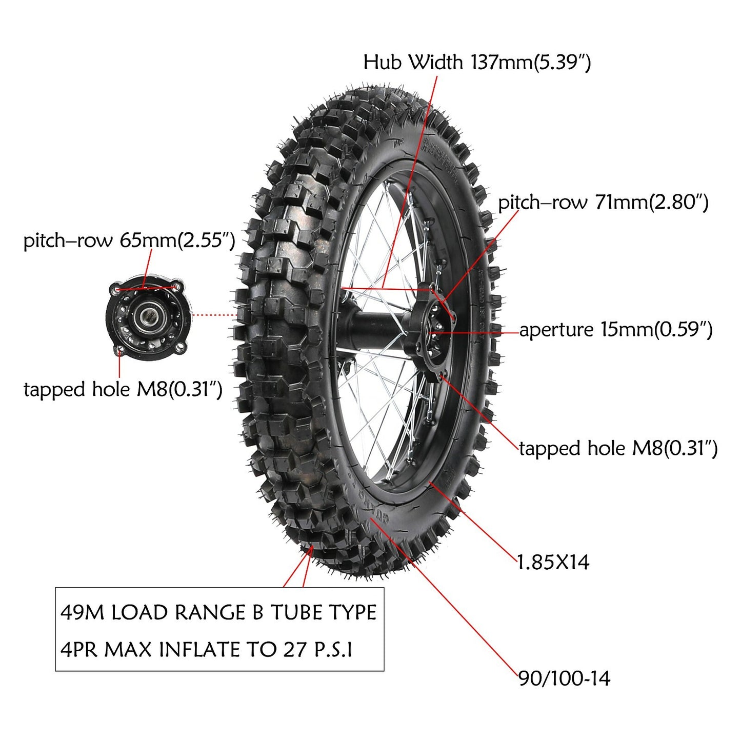 90/100 - 14 Inch Rear Back Wheel Disc Brake Kit Pit Dirt Bike 110cc 125cc 160cc