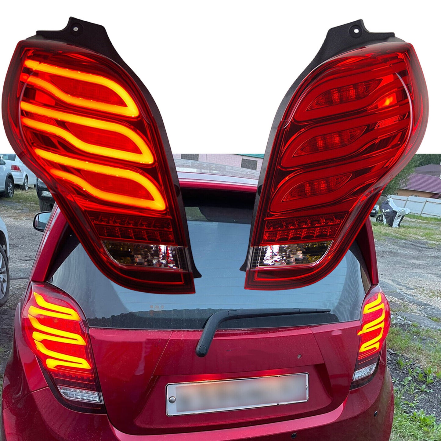 Paired taillight assembly for Chevrolet Spark 2011-2014 LED taillights in red.