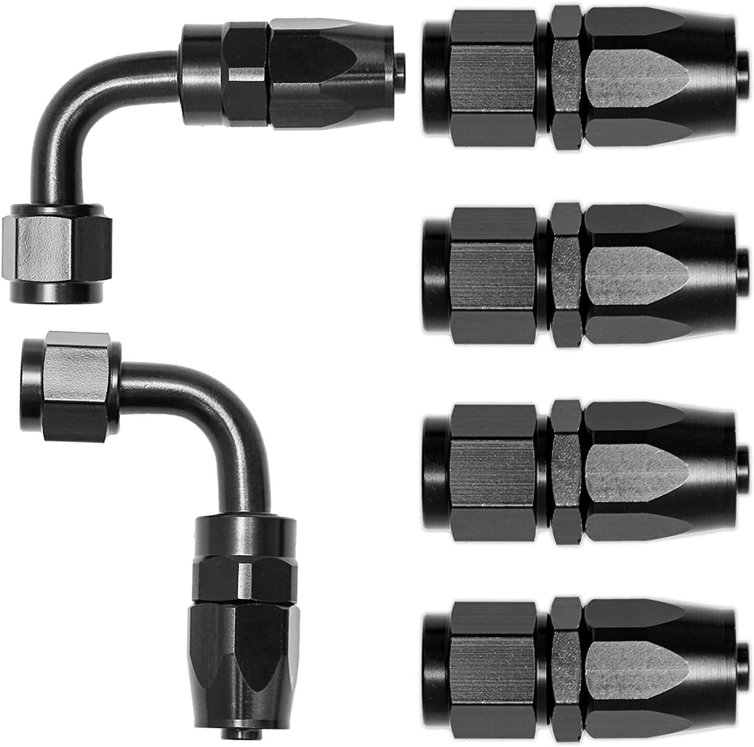 4-piece 6AN straight + 2-piece 6AN 90-degree rotating hose end connector adapter, black, .