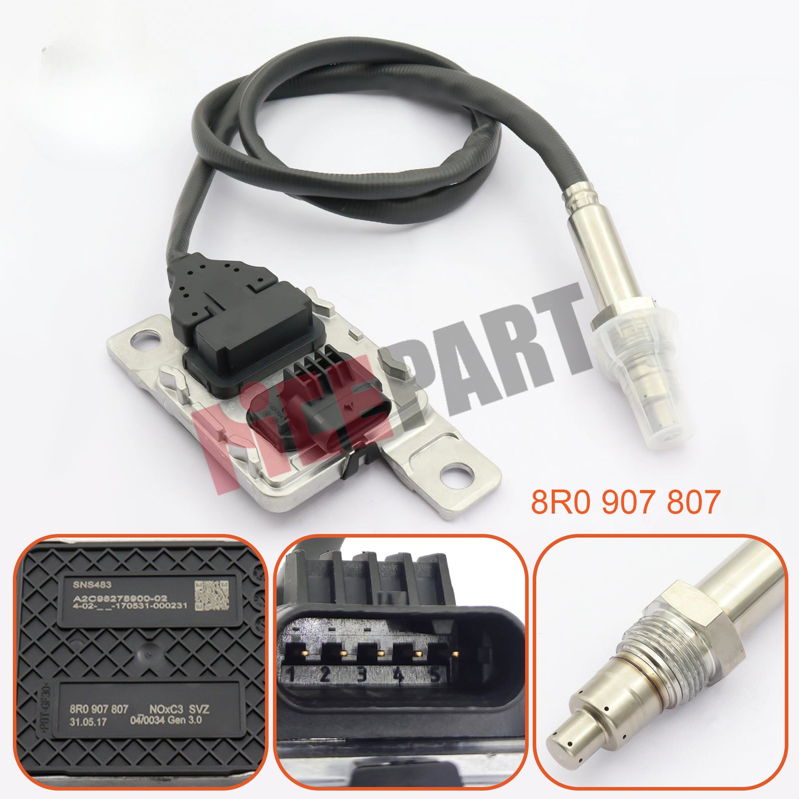 The 8R0907807R NOx sensor is compatible with 95860680710, 95860680751, and 95860680711.