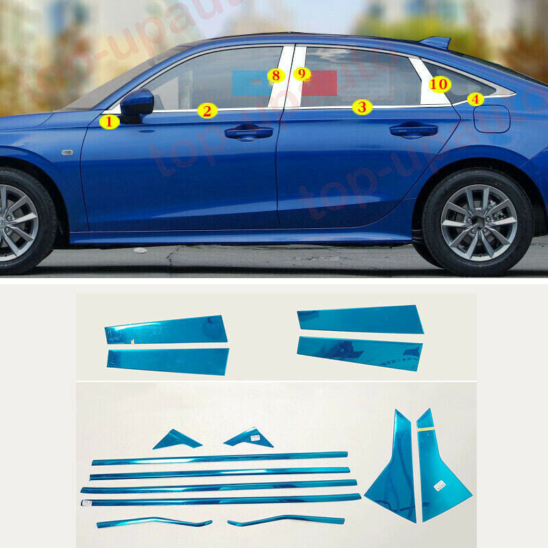 14P for Honda for Civic 2022-2023 Chrome Side Window Strips+Pillar Panel Cover Trims