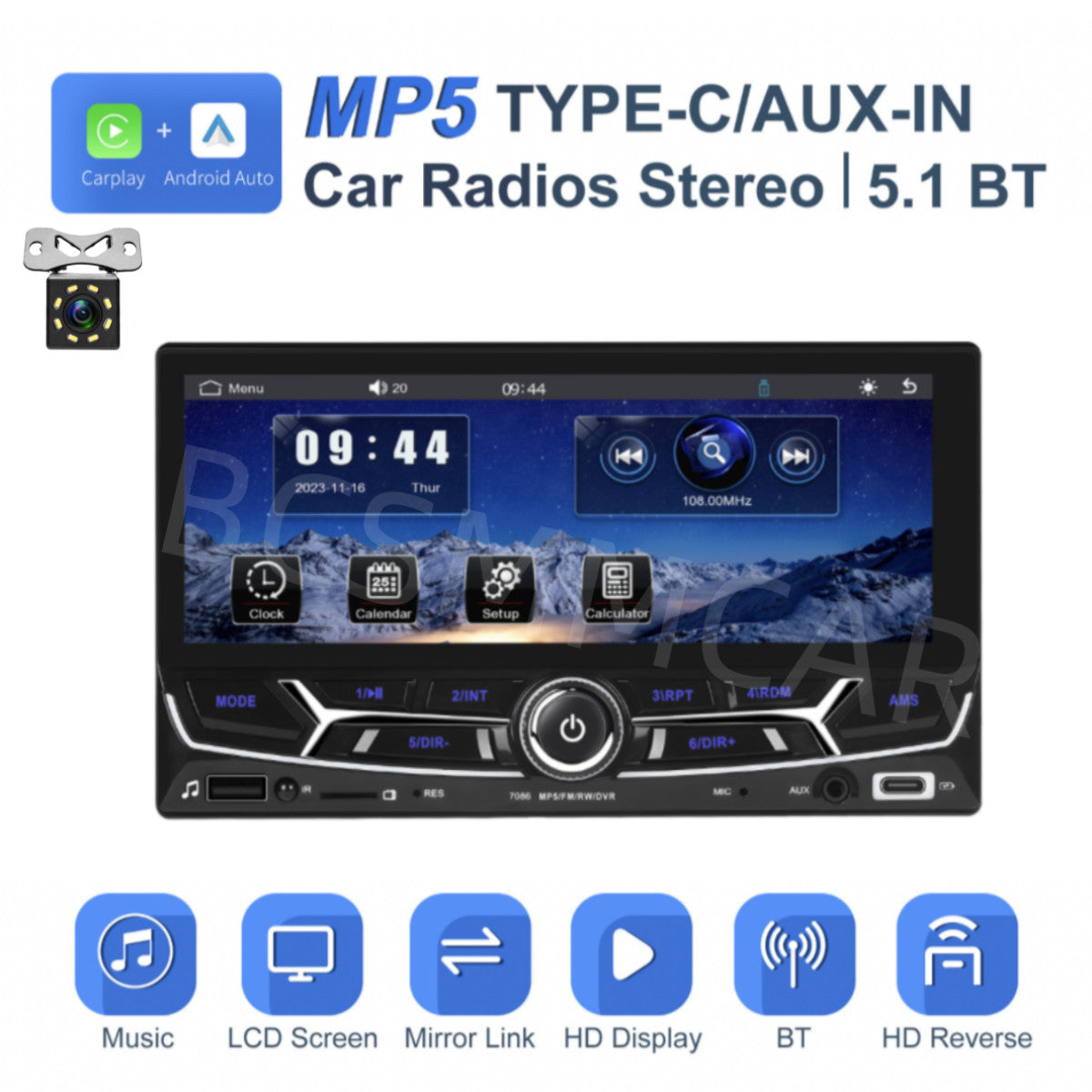 6.86in Double Din Car Stereo Radio MP5 Player For Carplay Android Auto W/Camera