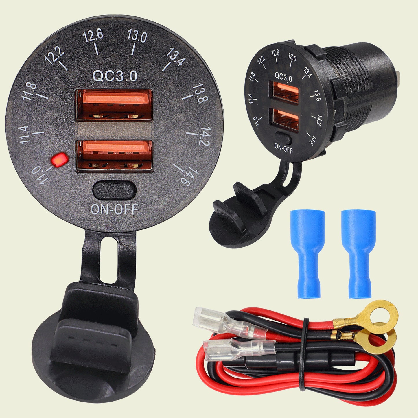QC3.0 Dual-USB Car Fast Charger Socket Power Outlet LED Voltmeter Waterproof 12V