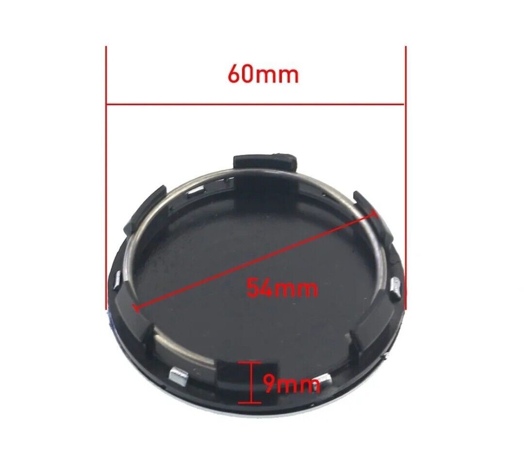 4 x 60 mm exterior, 55 mm clip diameter gloss black alloy wheel center caps