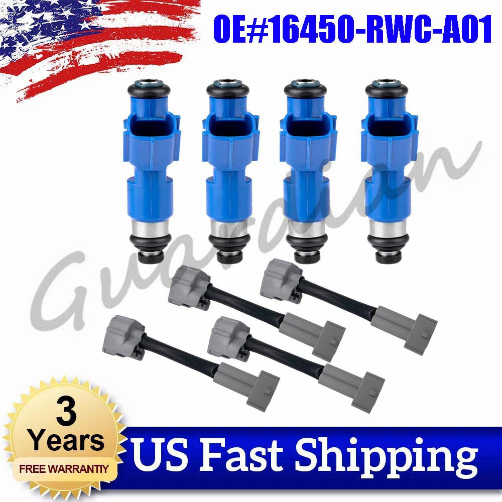4PCS Fuel Injector with Adapters 410cc 16450-RWC-A01 Set for Honda for Acura for RDX