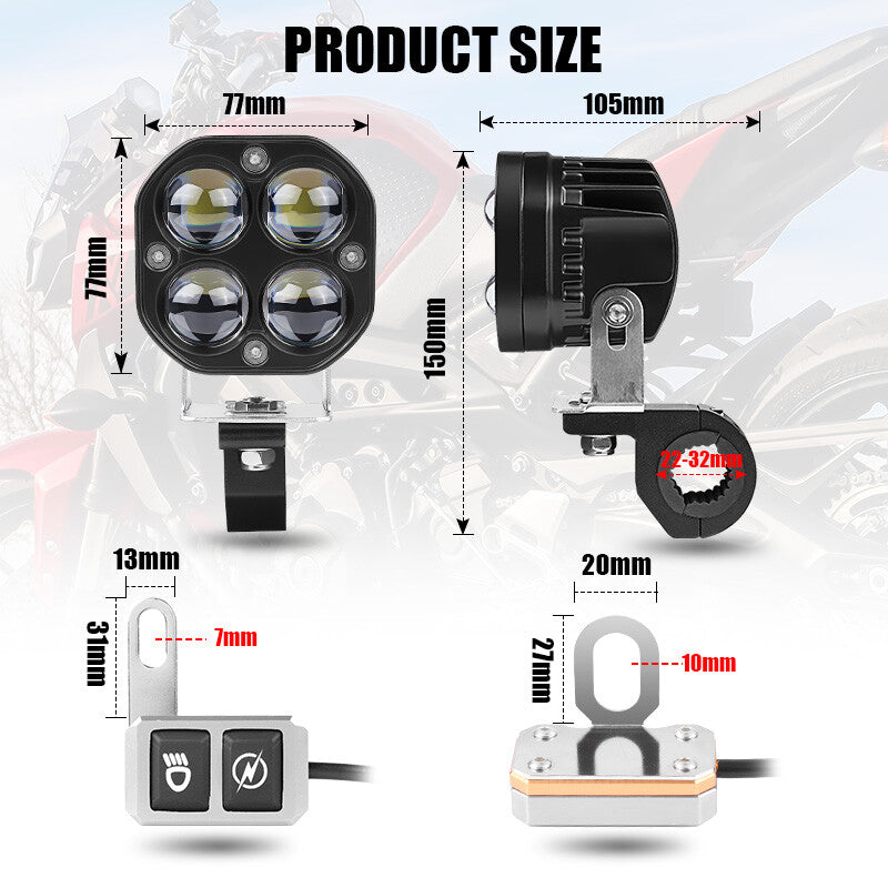 2PCS Motorcycle LED Spot Light Auxiliary Headlight Fog Driving Lamp White+Yellow