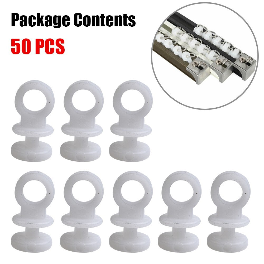 50 Plastic curtain track hooks and casters suitable for campervans, RVs, and boats.