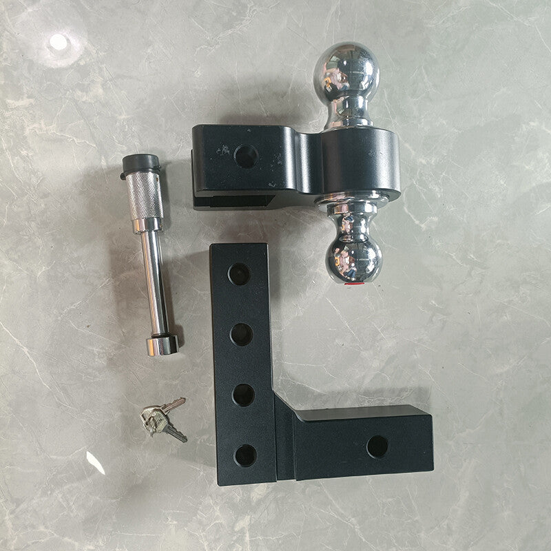 Adjustable trailer hitch with dual ball mount, suitable for 2-inch receivers and 6-inch drop mounts.
