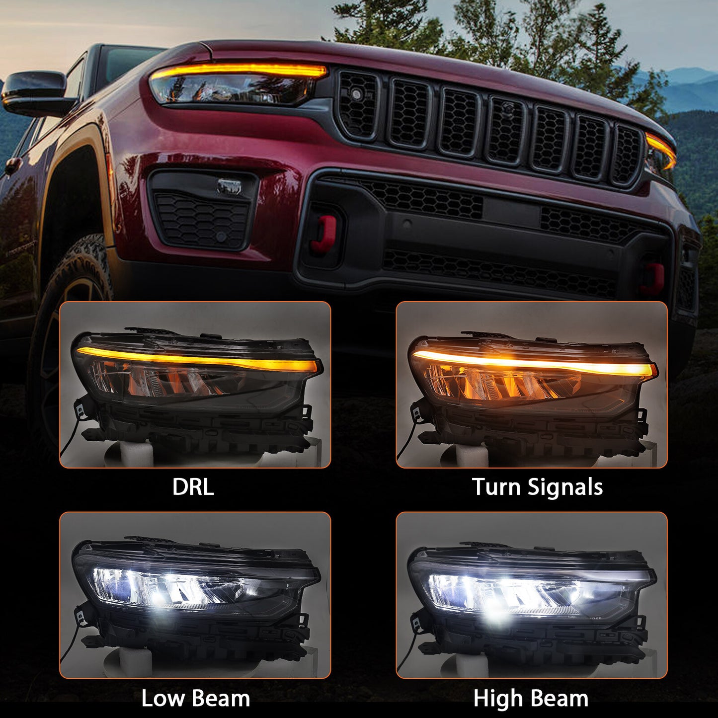 2P Applicable to 2021-2024 for Jeep Grand Cherokee Full LED Headlight Assembly LH Right Handle