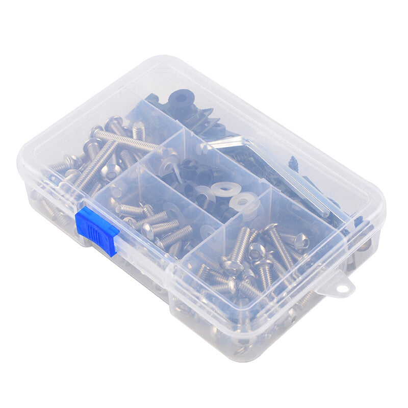 155-piece set of stainless steel threaded bolts, screws, and nuts for motorcycle casings and rectifiers.