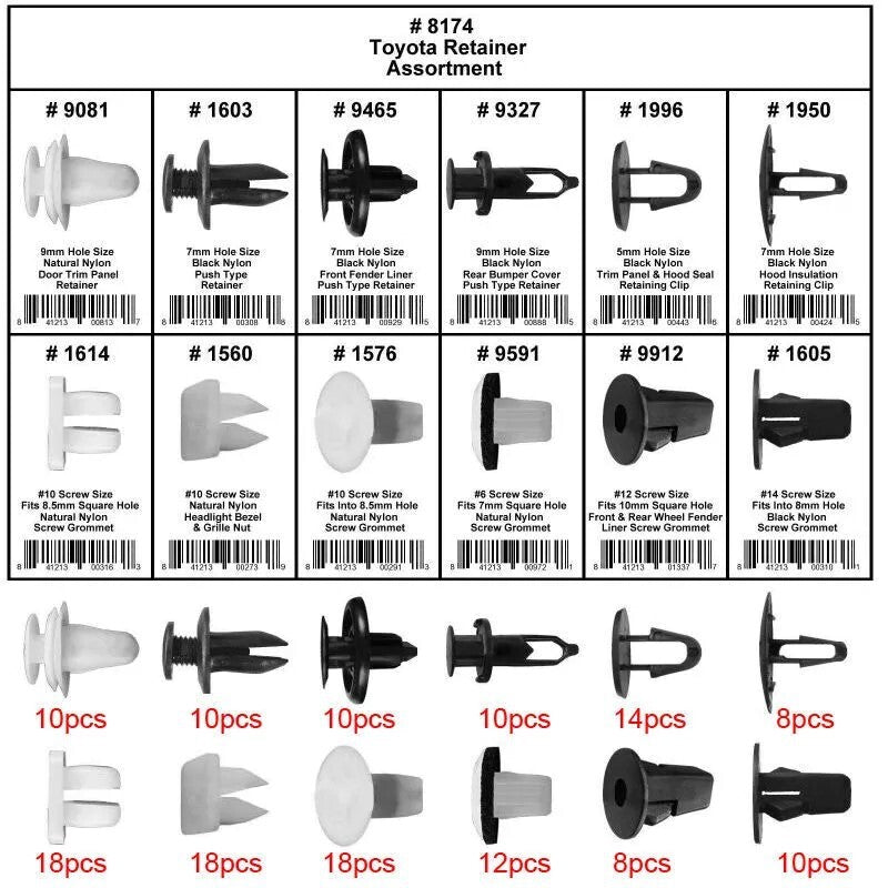 146Pcs Fender Door Hood Bumper Trim Clip Body Retainer Assortment for Toyota
