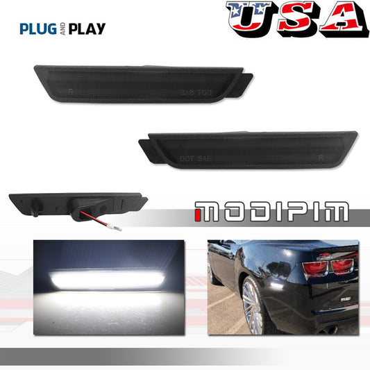 Black lens with white LED rear bumper side marker lights for 2010-2015 for Chevrolet Camaro.