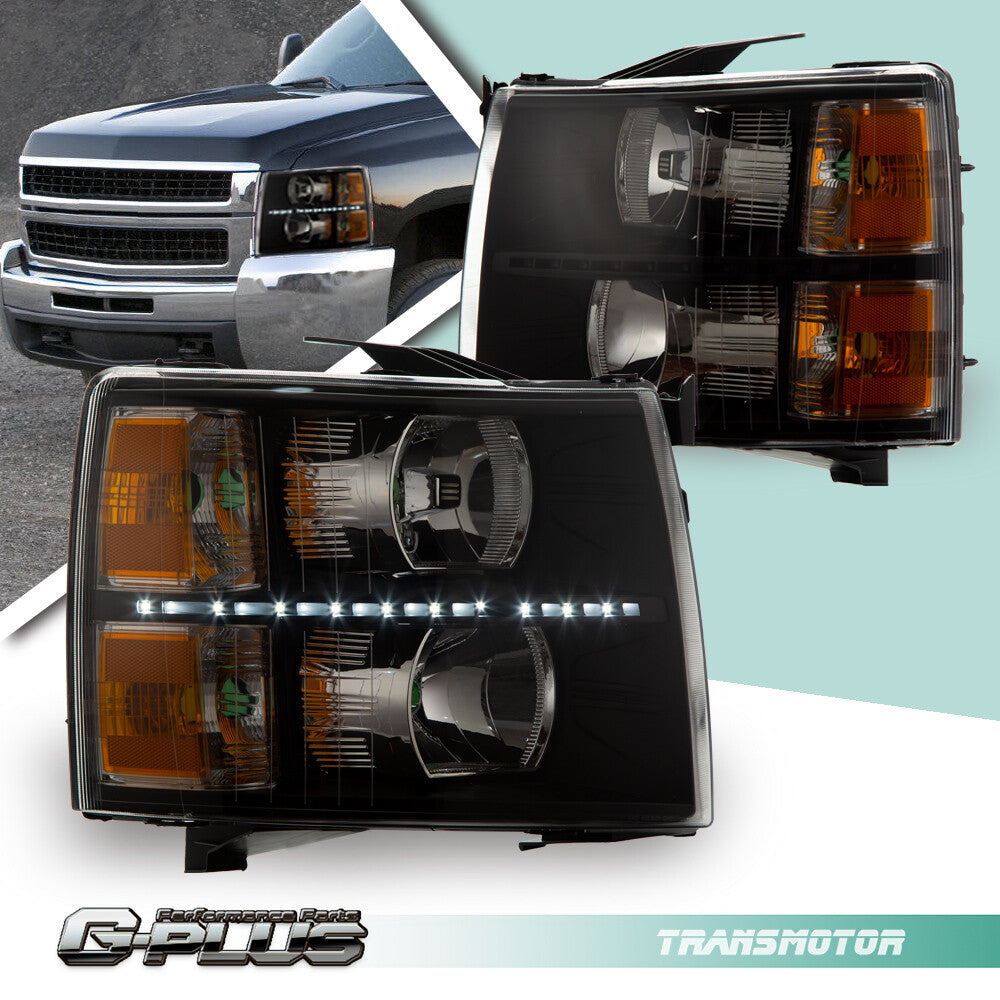 Suitable for 2007-2014 for Chevrolet Silverado LED DRL, black housing headlights, amber corner lights.