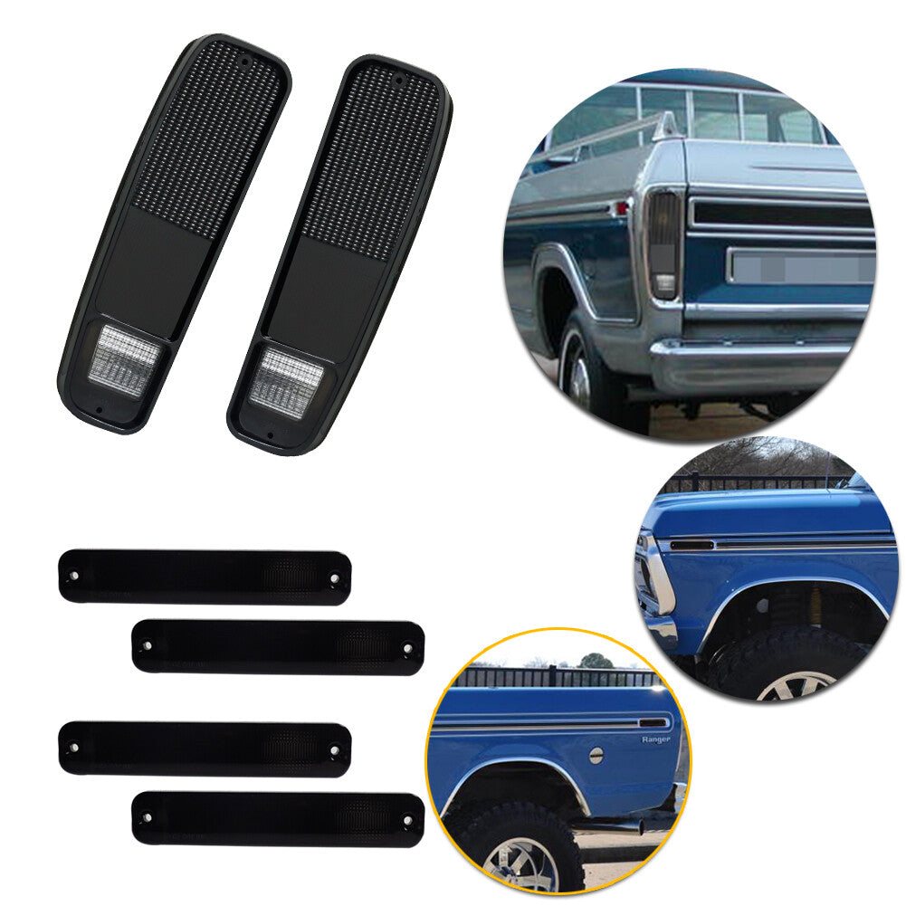4-piece side marker lights + 2-piece taillight smoked housing for 1973-1979 for Ford trucks.