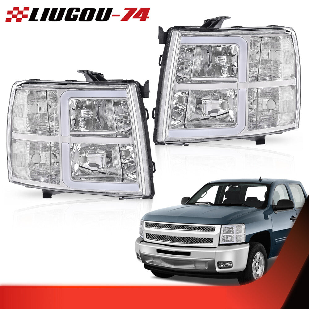 Suitable for 07-13 for Chevrolet Silverado LED DRL chrome/transparent tube headlights, new.