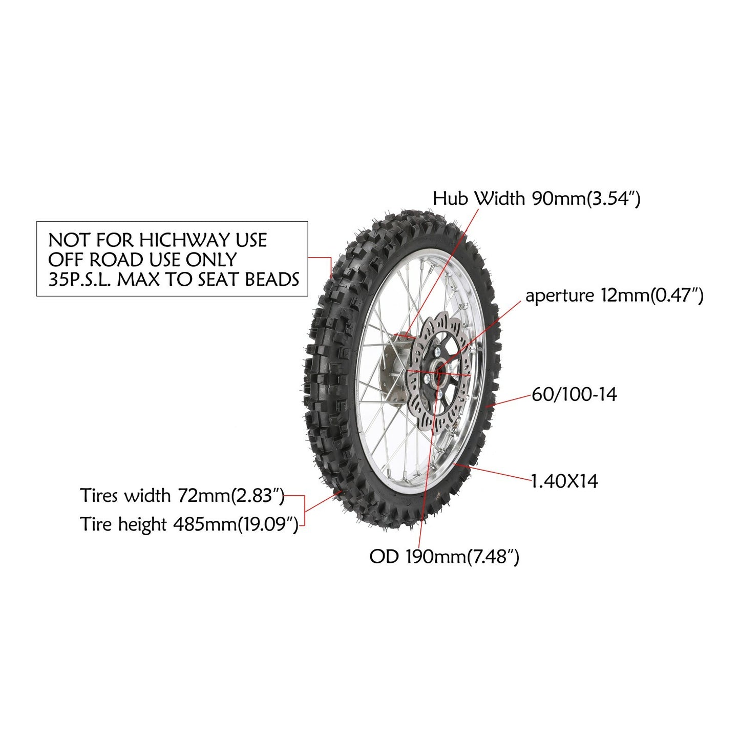 12mm 60/100-14 front tire rim assembly disc brake SSR 110 125cc pit bike