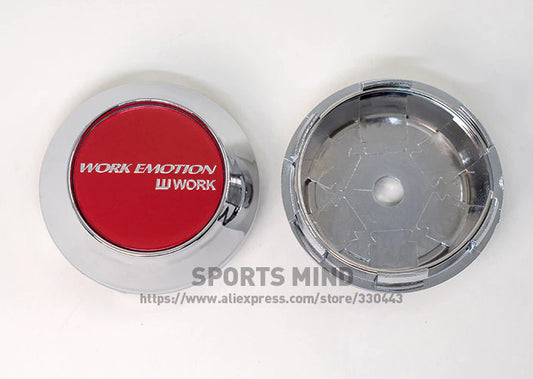4-piece set of 69mm working emotion badge wheel center caps, hub caps, and rim caps in red chrome.