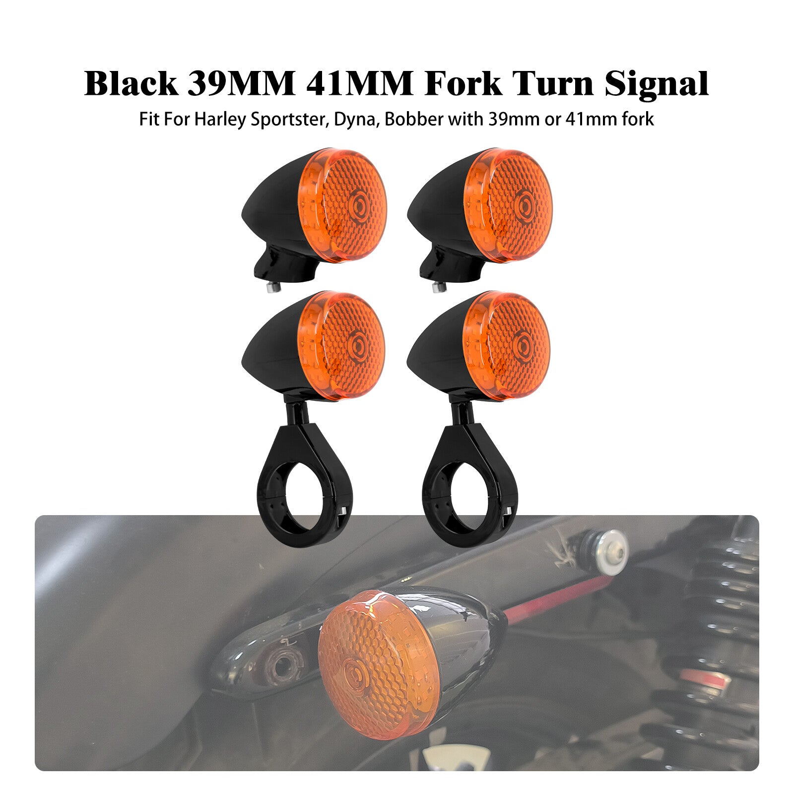 Black 4x 39 41mm Fork Clamp Front Rear LED Lamp w/ Amber Lens Turn Signal Light